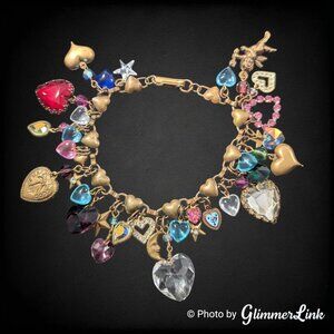 Vintage 60s 70s Victorian Revival Brass Heart Celestial Glass Charm Bracelet